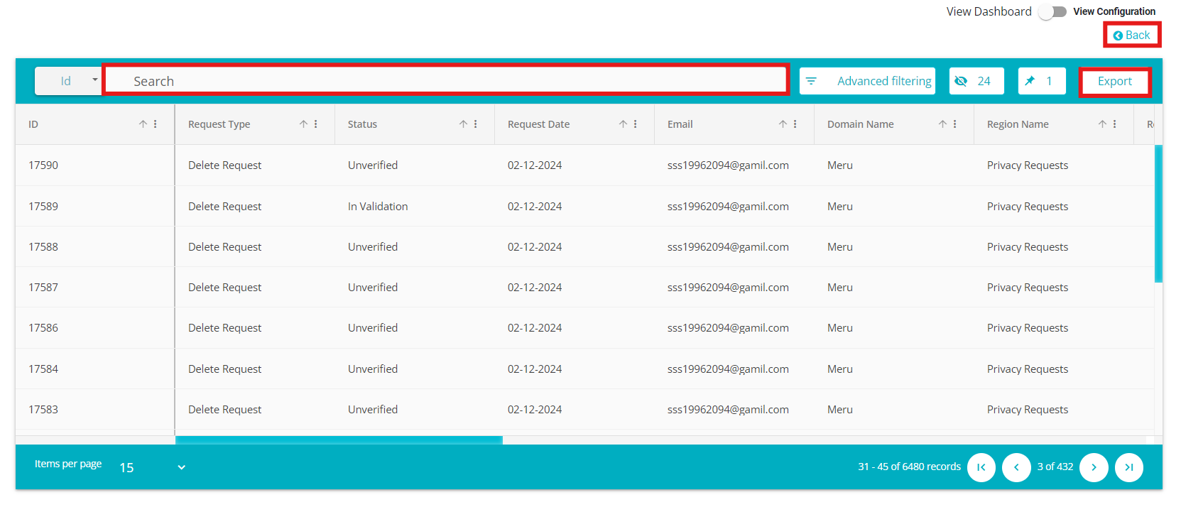 image of a grid showing all active request details